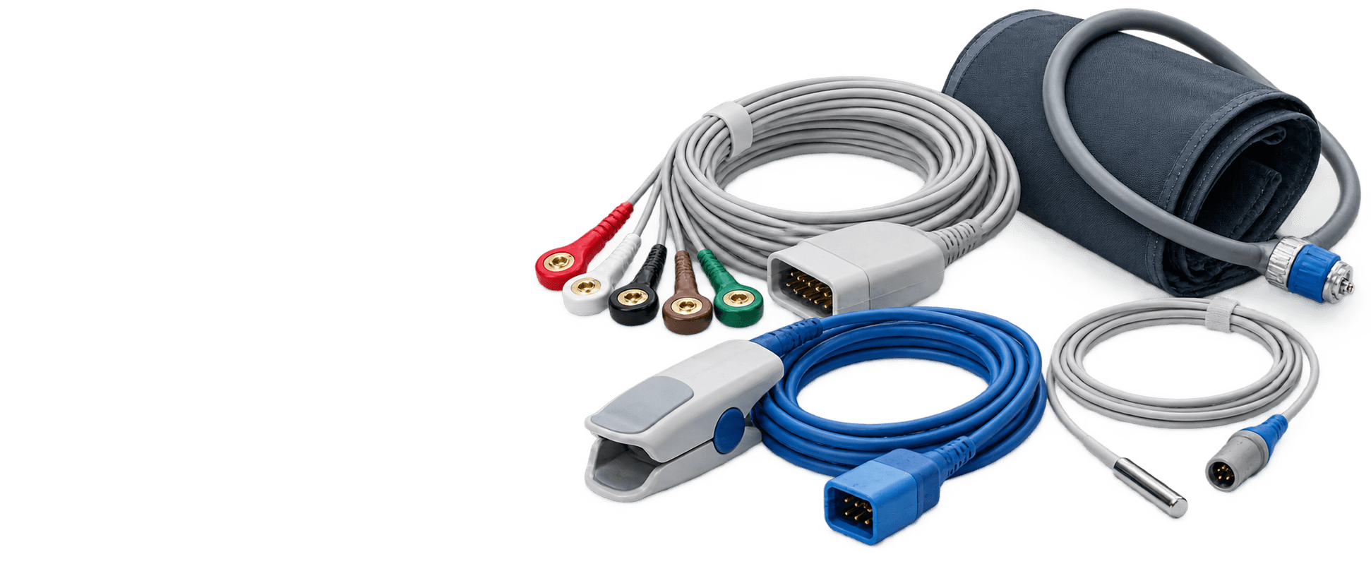 Medical cables and sensors — ECG leadwires, SpO2 sensor, and NIBP cuff